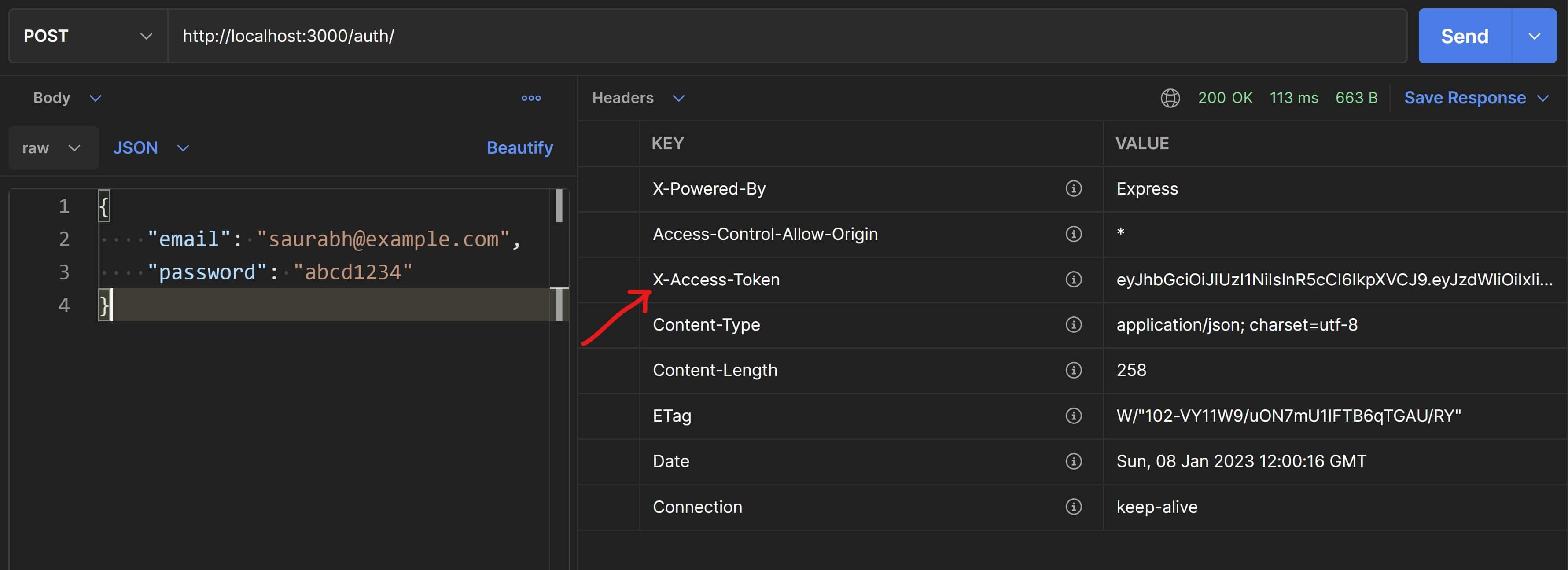 successful authentication response contains X-Access-Token header