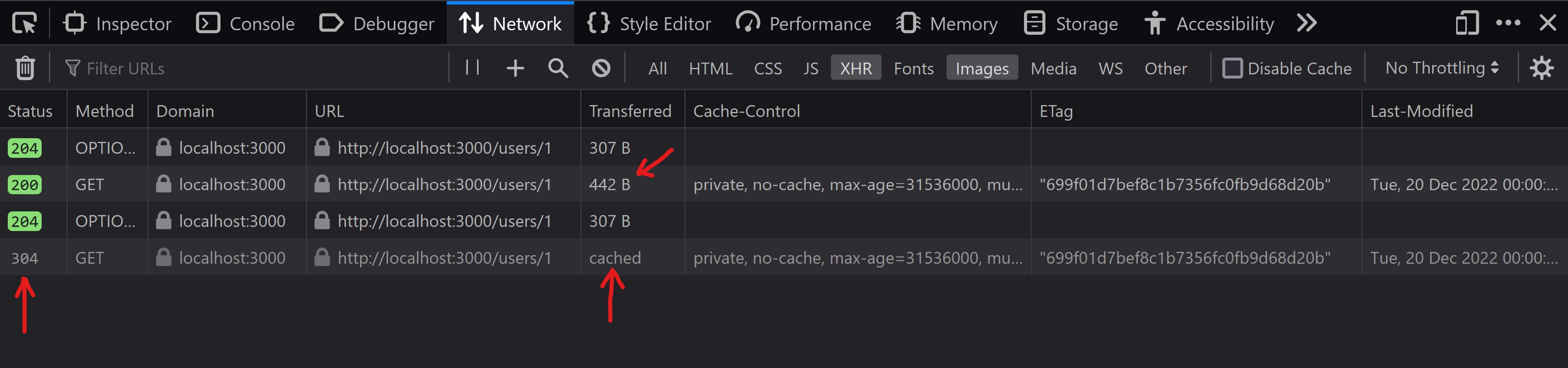 screenshot of the network tab showing data fetched from cache