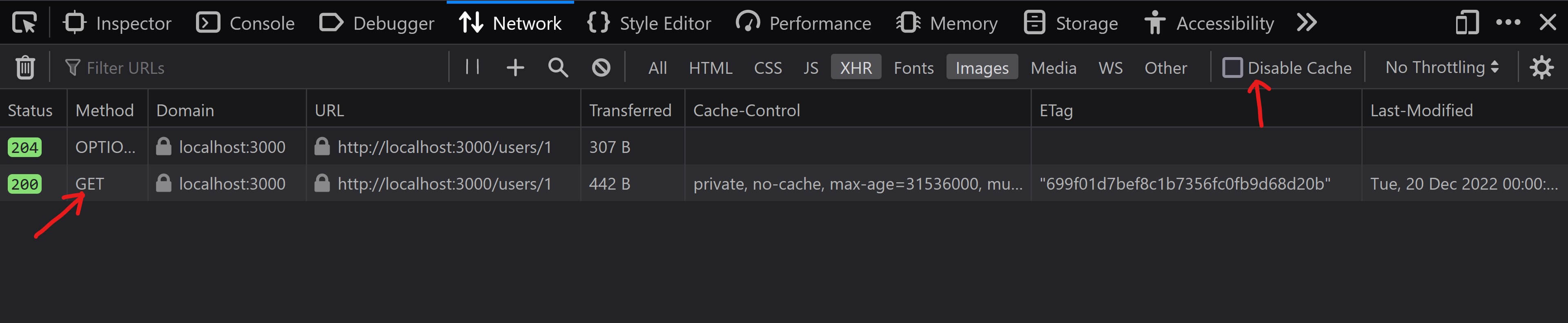 screenshot of the Network tab of browser dev tools showing first request-response cycle