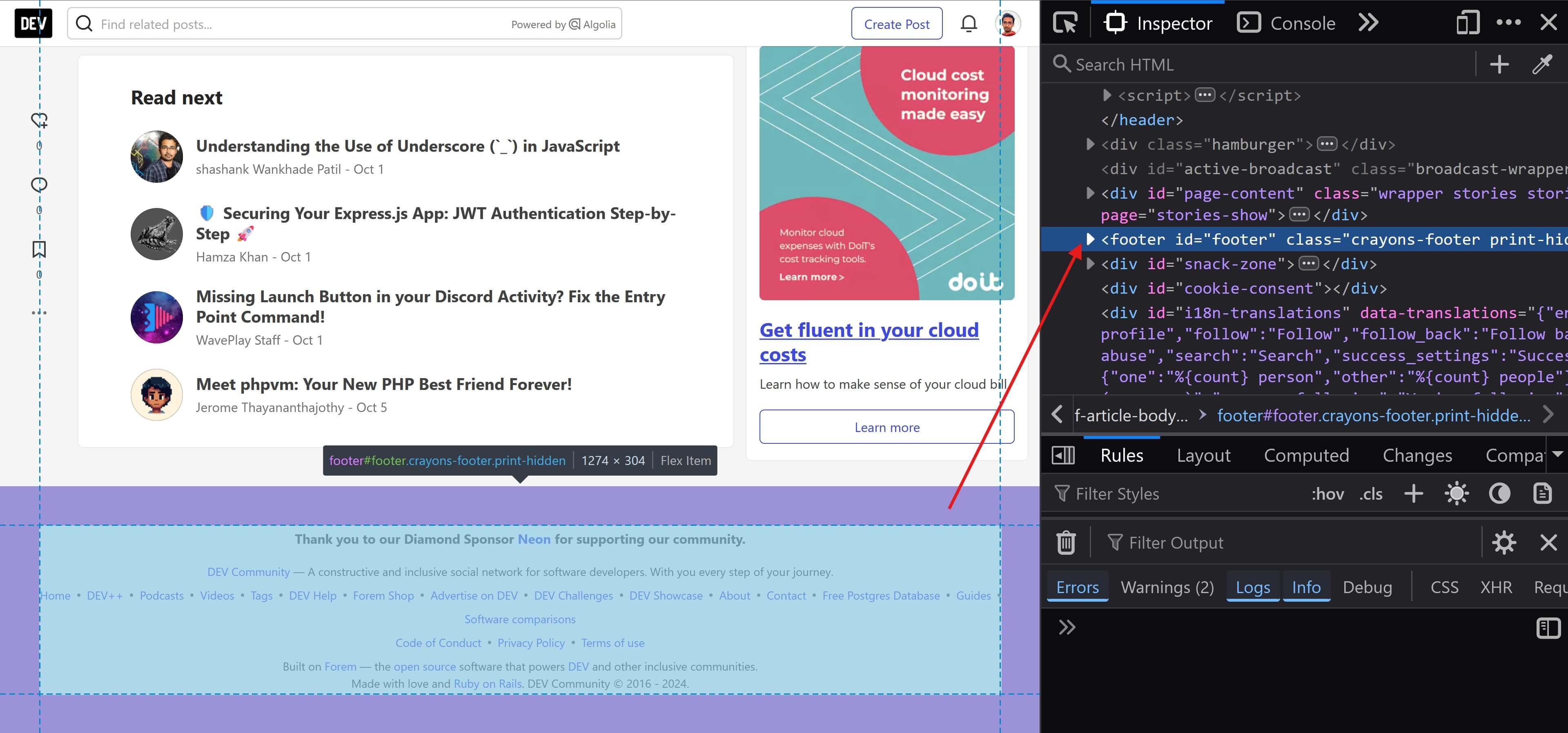 browser screenshot showing the use of the footer tag in the dev.to homepage.