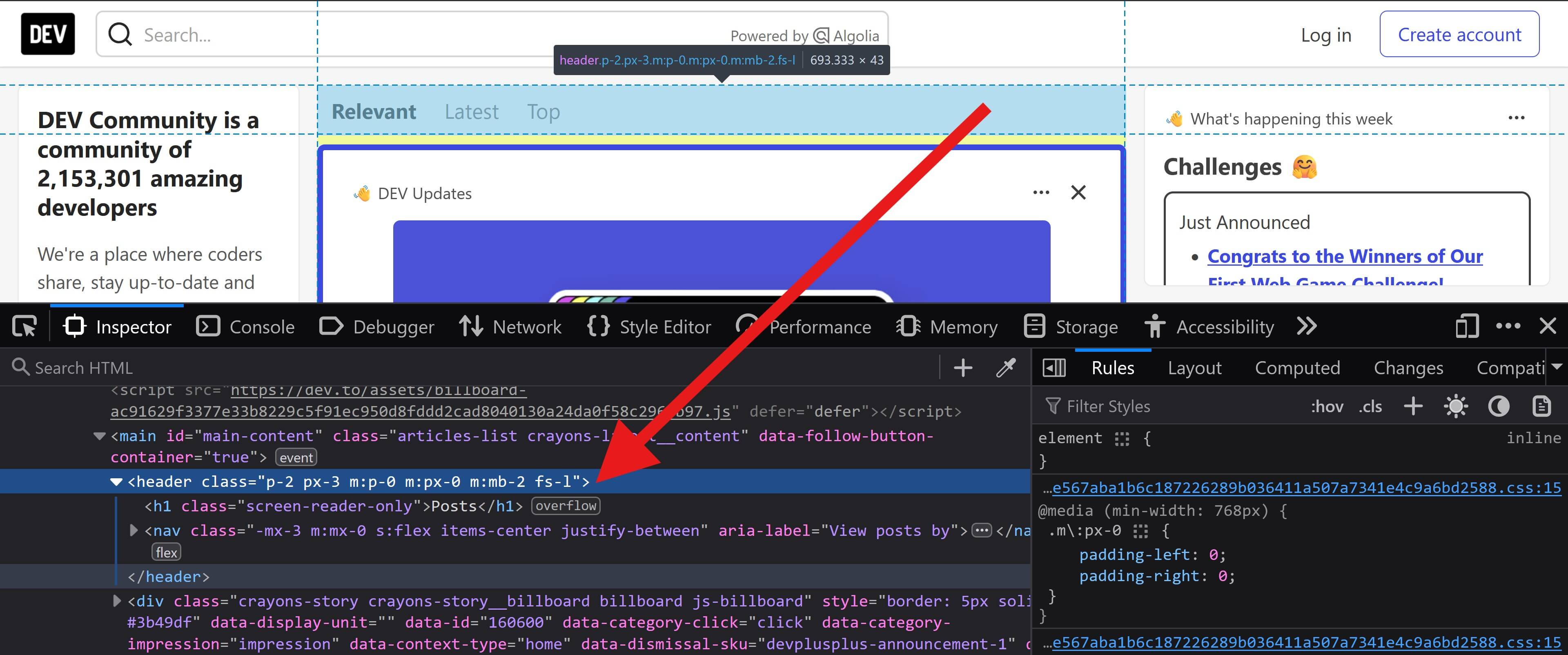 browser screenshot showing the use of the header tag within the body of the webpage in the dev.to homepage.