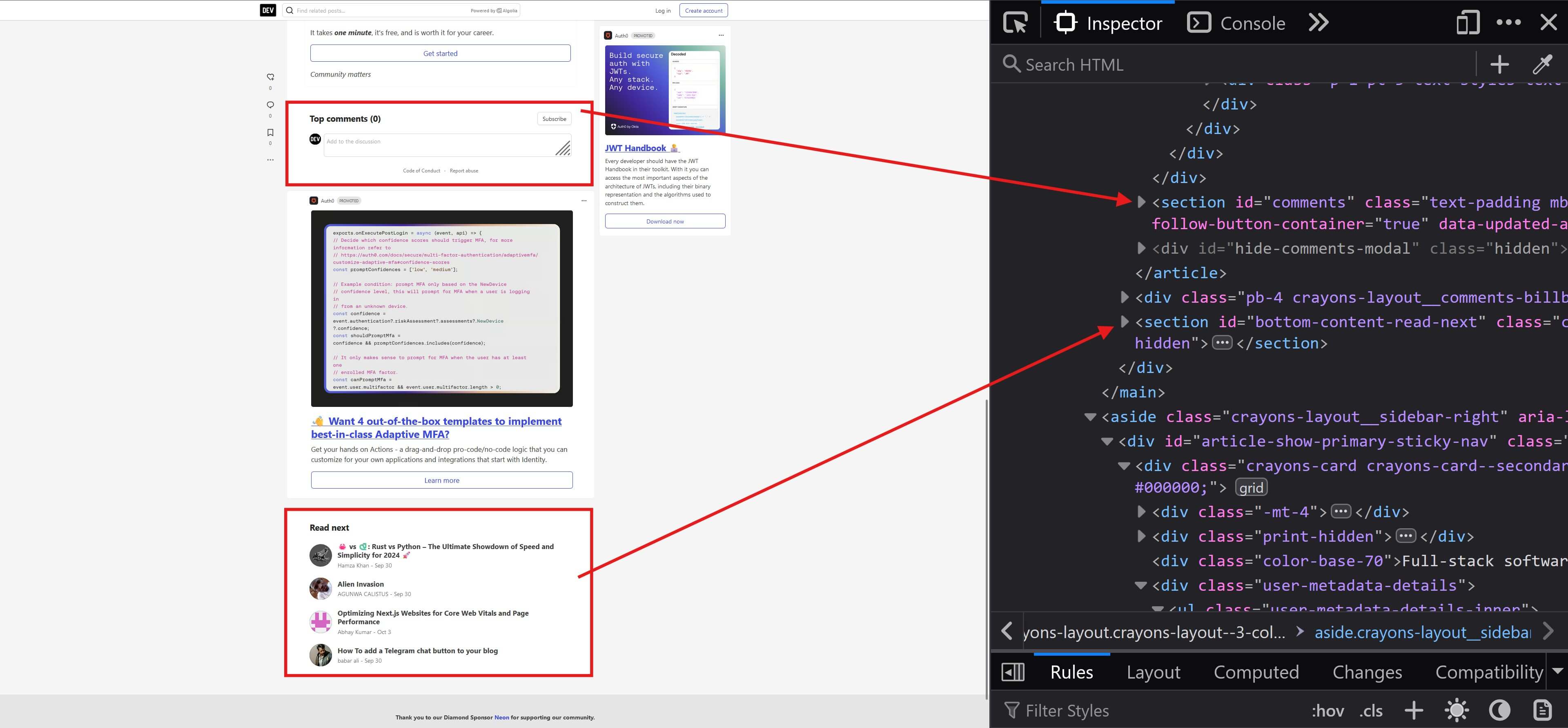 browser screenshot showing the use of the section tag in a blog post page within the dev.to website.