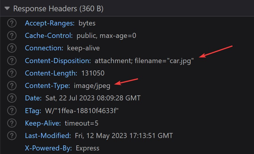 Browser Dev Tools screenshot showing Content-Type and Content-Disposition in Response headers.