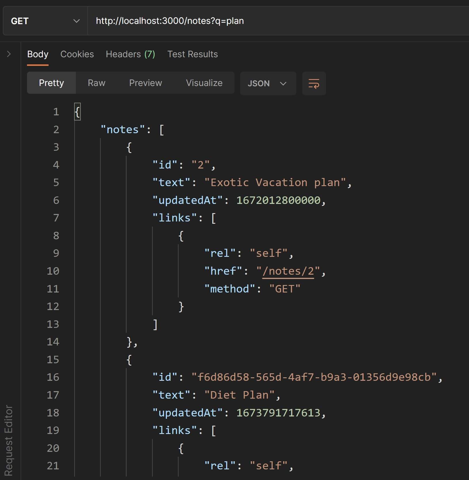 response of the notes endpoint when filtered by keyword 'plan'