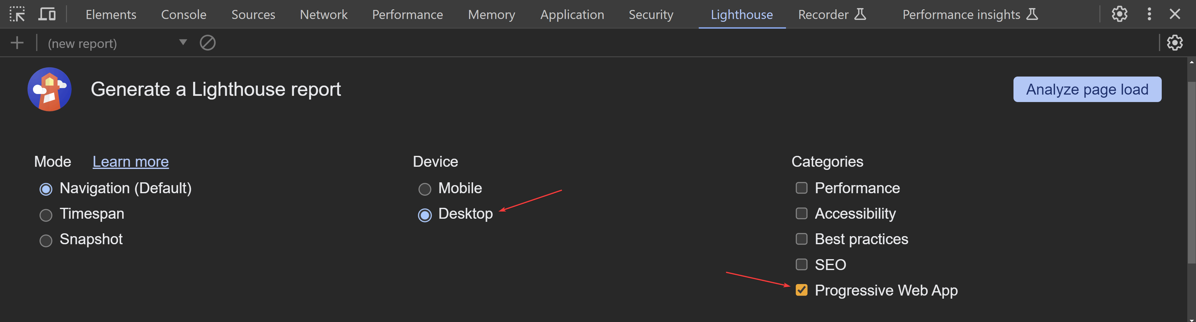 screenshot of the browser dev tools showing the selected settings for running a Progressive Web App analysis.