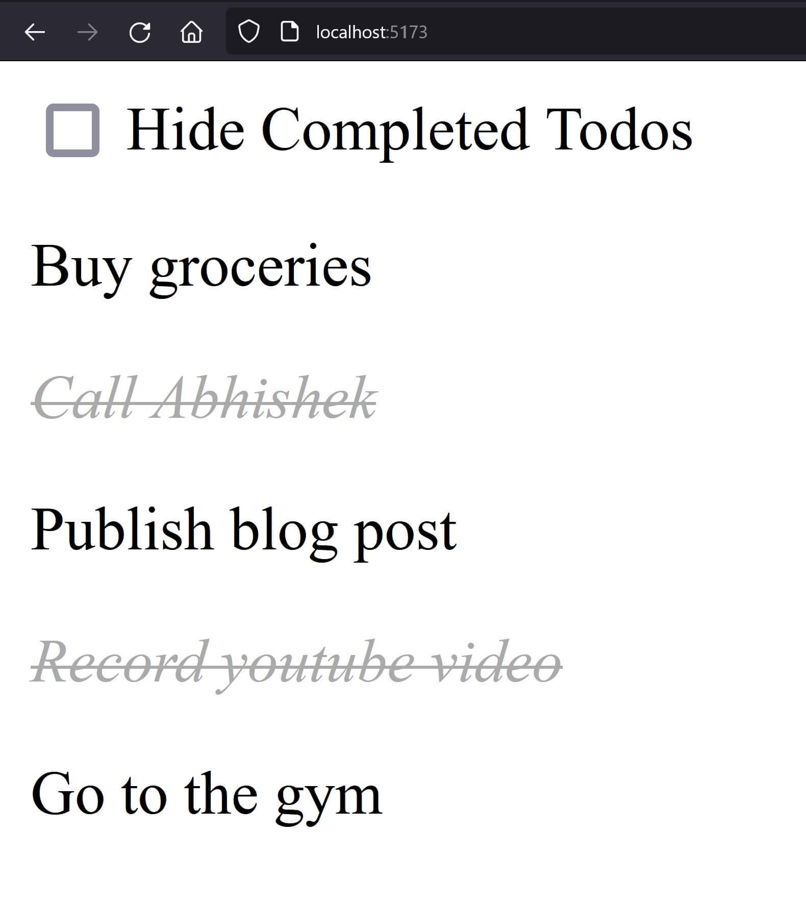 browser screenshot showing a list of todos and a checkbox filter that hides and shows completed todos from the list.