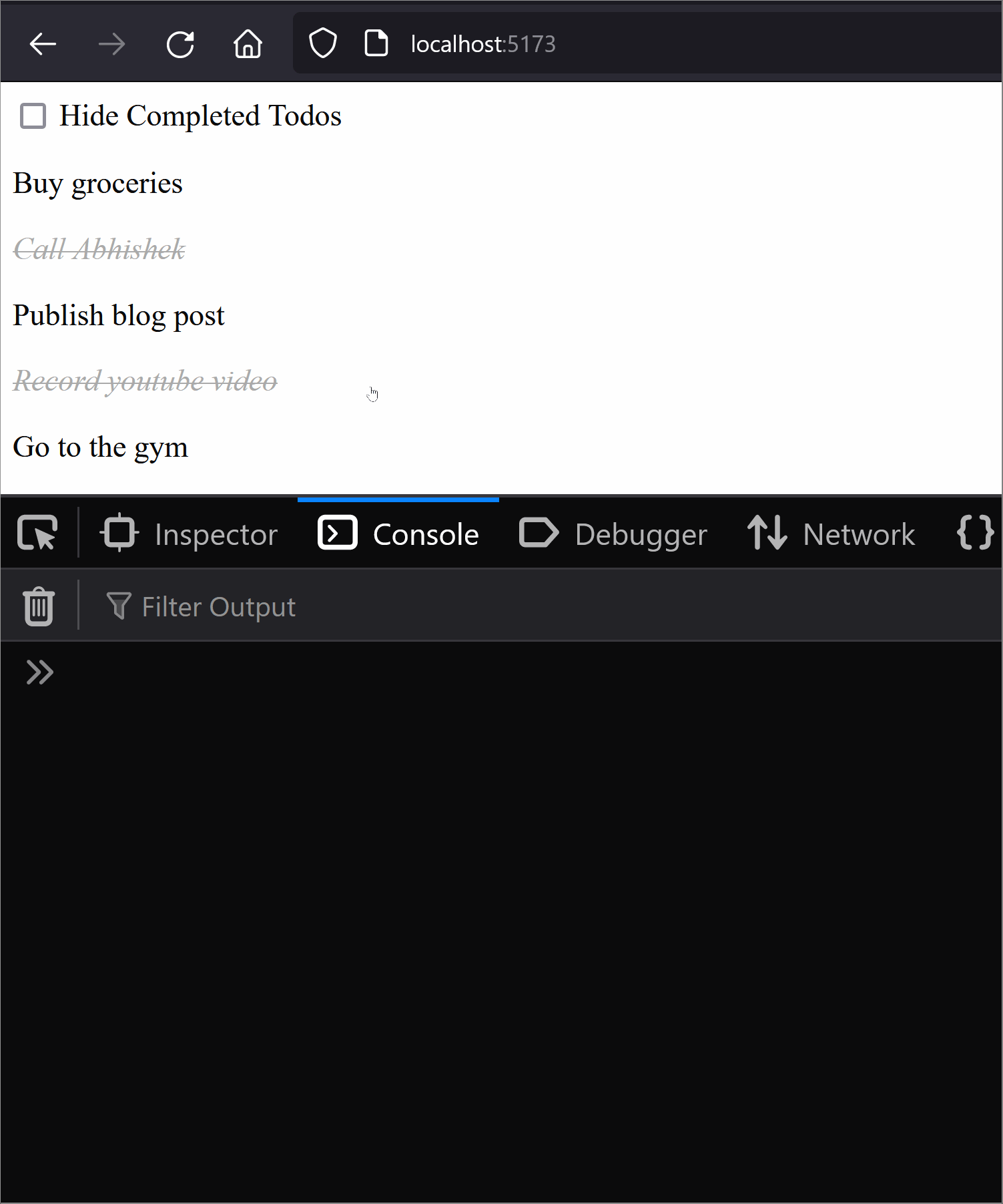 browser screencast demonstrating how clicking on a todo unnecessarily causes the TodoFilter component to re-render and show a message in the console logs.
